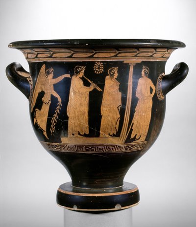 Attischer rotfiguriger Krater, der Nike und drei Figuren mit Lorbeerkränzen darstellt von Greek